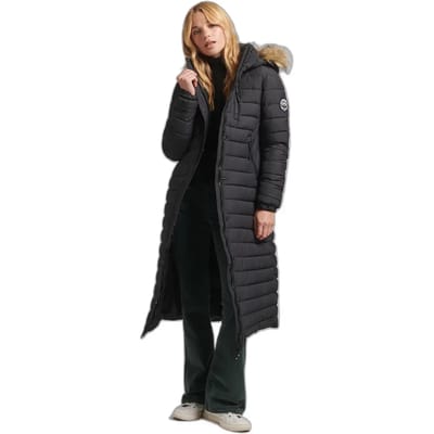 Superdry - Lange gewatteerde pufferjas met capuchon met imitatiebont - Dames - Gewatteerde jassen