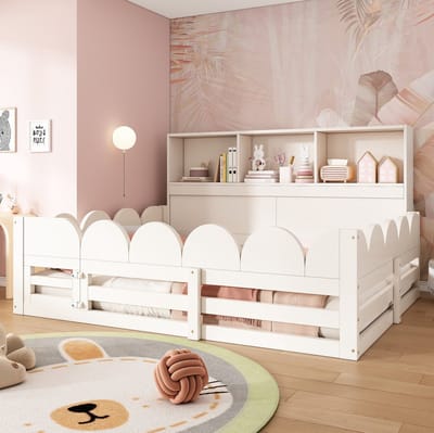 MIVRAY Kinderbed 140x200 cm - Vloerbed Met Uitvalbeveiliging En Deur - Met Opbergvak En Lattenbodem - Voor Kinderkamer - Hout - Wit