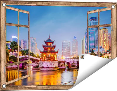 Gards Tuinposter Doorkijk Rivier bij Stad Guiyang in China - 60x40 cm - Tuindoek - Tuindecoratie - Wanddecoratie buiten - Tuinschilderij