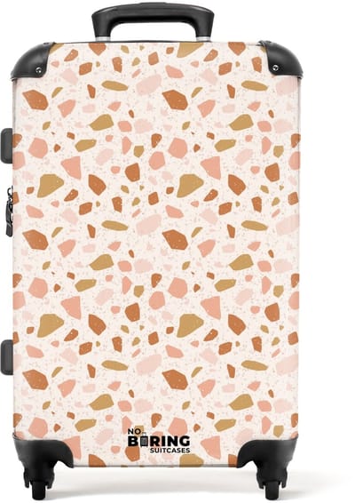 NoBoringSuitcases.com - Grote koffer - Terrazzo patroon veelkleurig beige roze - Kinderkoffer geschikt voor jongen en meisjes - Reiskoffer met 4 wielen - Trolley op wieltjes - Rolkoffer groot kinderen - 72 liter - Ruimbagage valies 20kg