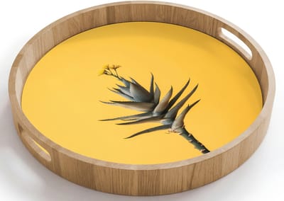 Dienblad rond 40x40 cm - Schootdienblad hout - Plant - Minimalistisch - Bloem - Geel - Borrelplank rechthoek - Plateau houten dienbladen