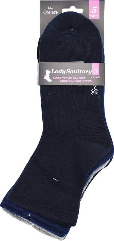 5 PAAR katoenen DAMES SOKKEN - blauw & grijs - NAADLOOS met LOSSE elastiek - iets korter beentje
