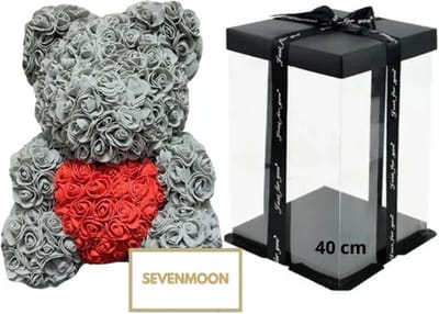 SEVENMOON - Rozen Teddy Beer XXL Valentijn | Valentijnscadeau | Liefde | Baby | Vriendin | Meisje | Rozen beer | Ideale Cadeau | Inclusief Giftbox - GRIJS 40CM