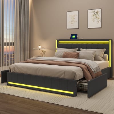 Tweepersoonsbed - 180x200cm - met 4 lades - Gestoffeerd bed met USB- en LED-aansluitingen - Tienerbed met opbergruimte - Grijs - Matras niet inbegrepen