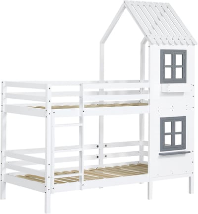 REDOM Huis-stapelbed 90x200 cm – Wit/grijs – Vurenhouten frame – Met ramen & opberglade – Kindvriendelijk