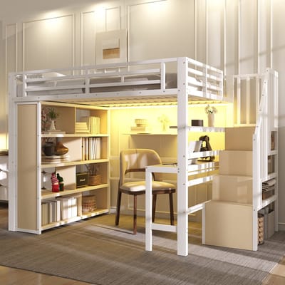 Sweiko Hoogslaper - 140 x 200 cm - Met bureau - LED-verlichting - Opbergruimte - Metalen frame - Wit