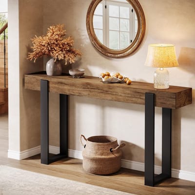 LITTLE TREE Consoletafel - Massief Hout Met Metalen Onderstel - Bruin Zwart - Landelijk - 160 x 30 x 83 cm - Smalle Tafel Voor Gang En Woonkamer