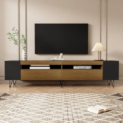 Wishdor Tv-Meubel - 2 Deuren En Open Vakken Met Kabeldoorvoer - Met Zijvakken - Mdf En Spaanplaat - Zwart En Houtlook - 180 Cm