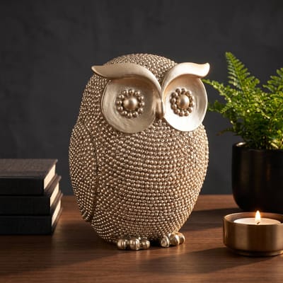 Cheqo® Uil Beeldje - Decoratie Sculptuur - Woondecoratie Goud - Woonaccessoire - Interieur Decoratie - Ornament - Cadeau - Woonkamer Decoratie - Tafel Decoratie - Dierenbeeldje - Vogel Beeldje - Decoratief Beeld voor Binnen - Desktop Ornament