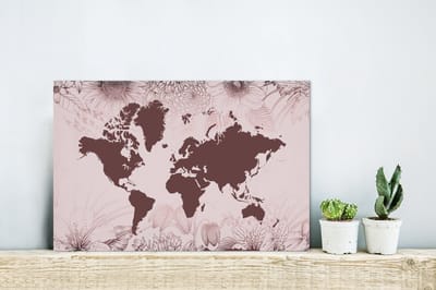 Aluminium schilderij 30x20 cm - Wanddecoratie metaal - Wereldkaart - Bloemen - Paars - Metalen muurdecoratie woonkamer - Decoratie industrieel - Foto op dibond - Industriële accessoires slaapkamer