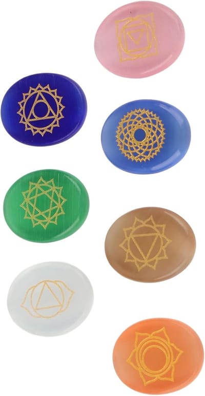 Chakra Stenen Set - Meditatie Kristallen - Spirituele Healing - Gegraveerde Symbolen - 3 x 2.5 x 0.7 cm - Multicolor