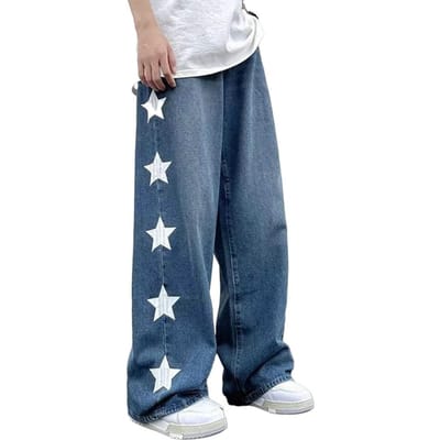 Heren Jeans Wijde Pijp Recht Los Sterrenprint Volledige Lengte Effen Kleur Zakken Knoop Rits Sluiting Zacht Retro Streetwear Heren Lon L blauw