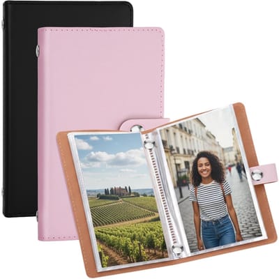Dailygoody - Mini Foto Album - PU Leer - Voor 50 Foto's - Zwart & Roze - Fotoboek - Compact Formaat - Bewaar jouw Fotoherinneringen - Geschikt voor 4x