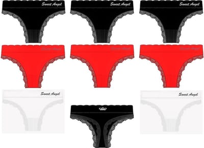 Sweet Angel – 8 stuks Dames Strings met Kant – One Size (S-M) – Zwart, Rood en Wit