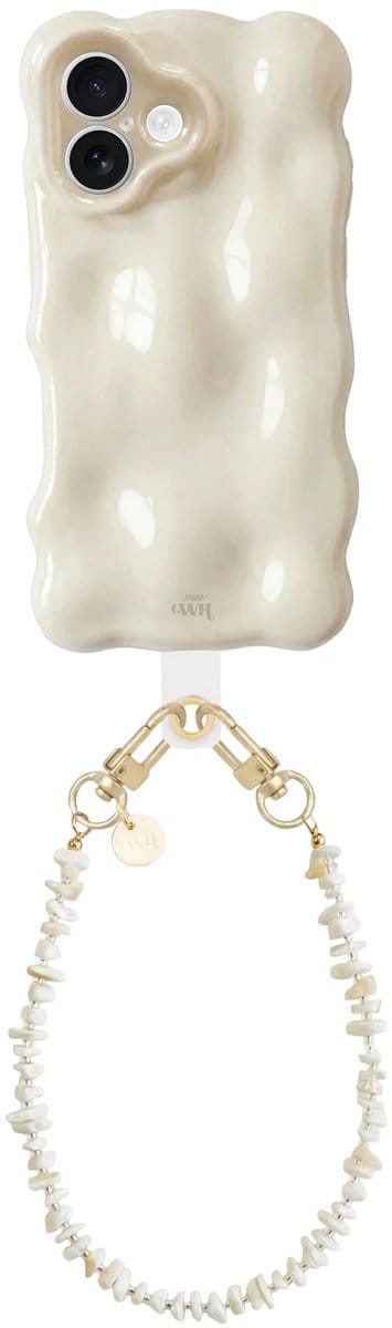 xoxo Wildhearts Bubbly case Cloud Dancer - Summer Sand Cord (kort) - Geschikt voor iPhone 17 - Hoesje met bobbeltjes inclusief telefoonkoord - Krullende golfvorm - schokbestendig - Telefoonhoesje met koord - Koord ook afneembaar - Beige