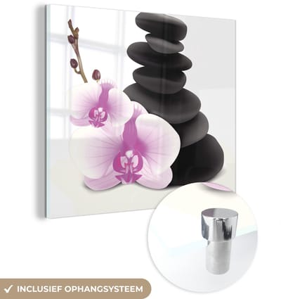 ® Glasschilderij 90x90 cm - Schilderij acrylglas - Orchidee naast zen stenen - Foto op glas - Muurdecoratie woonkamer - Wanddecoratie slaapkamer - Schilderijen