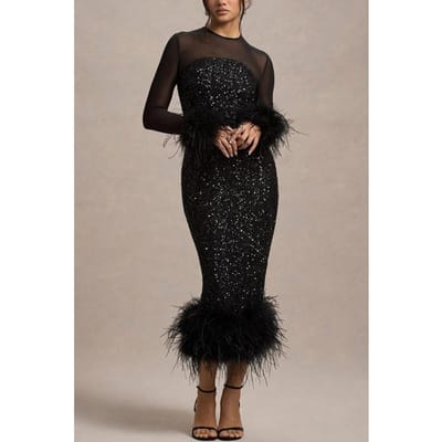 Dames Feestjurk Jurk Lange Mouw Pailletten Strak Dames XL zwart