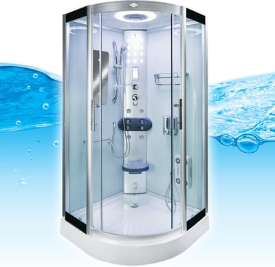 Stoomcabine 100X100X215 Palma. Luxe Stoomdouche, THERMOSTAATKRAAN Uitvoering, Kit-Vrij, Wit, Veiligheidsglas, LED, Radio, Speakers, Zitje, Massage, Hoekmodel, Kwartrond, Schuifdeuren, Douchebak, Afvoer, Sifon, A Kwaliteit, Full Options.