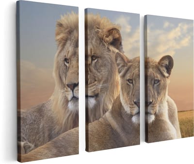 Artaza Canvas Schilderij Drieluik Leeuw En Leeuwin - 120x80 - Foto Op Canvas - Canvas Print