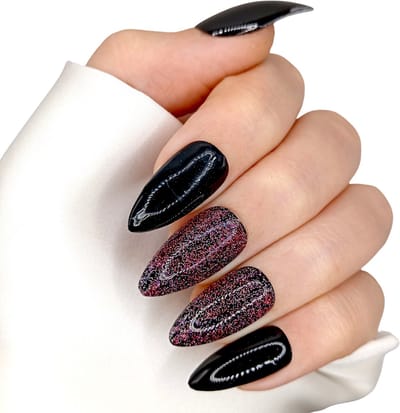 SD Press on Nails - B-65 - Plaknagels - Nagelset 20 Nagels - Zwart met rode glitters - Gellak - Nagellak - Medium Stiletto - Nageltips - Nepnagels met Lijm - Kunstnagels - Nail Art - Handmade - Valse nagels - Nagelvijl - Accessoires - Nepnagels