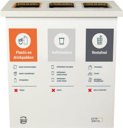 Kartonnen eco bin drie vakken - Plastic/drinkpakken - Bekers - Rest - 60 L prullenbak | Andere bedrukking mogelijk - Kartent