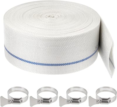 Platte slang 20 m, 32 mm (1 1/4 inch) voor dompelpompen, tuinirrigatie en zwembadgebruik met 4 clips voor vuilwaterpompen