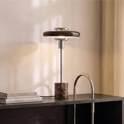 Lindby tafellamp Branford, retro, bruin, glas/marmer