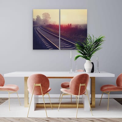 Artaza Canvas Schilderij Tweeluik Spoorweg Rails Tijdens De Herfst Met Mist - 80x60 - Foto Op Canvas - Canvas Print