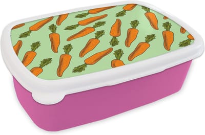 Broodtrommel Roze - Lunchbox - Brooddoos - Vintage - Wortel - Patronen - Groente - 18x12x6 cm - Kinderen - Meisje