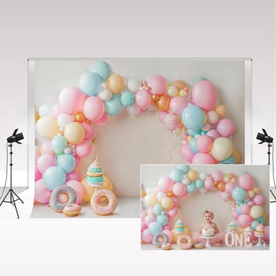 Allecto - Fotografie achtergrond - Donutthema - Perfect voor babyborrel - 2,2 x 1,5 m - Kleurige ballonboog - Taart smash achtergrond - Geschikt vo...