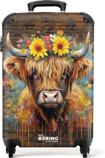 NoBoringSuitcases.com® - Handbagage koffer lichtgewicht - Reiskoffer trolley - Graffiti schotse hooglander met bloemen - Rolkoffer met wieltjes - Past binnen 55x40x20 en 55x35x25