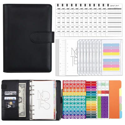Budgetplanner met Geldmapjes – A6 Budget Binder – Huishoudboekje met 8 Enveloppen, Stickers & Budgetbladen – PU Lederen Planner – Spaarmap – Financiële Organizer – Voor Besparen, Sparen & Overzicht – Kasboek – Zwart