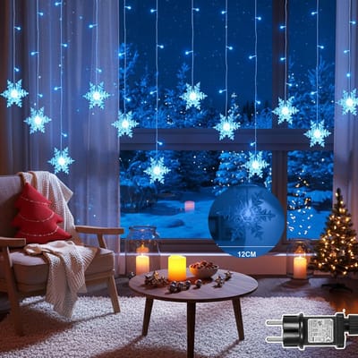 MUPOO Sneeuwvlokken Lichtgordijn Kerstverlichting Blauw -Ijspegel kerst Gordijnverlichting 1,8 Meter - 12 cm grote sneeuwvlok - 8 Modi - Timer- KerstLichtslinger -kerstversiering decoratiebinnen