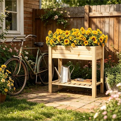 MODFU - Verhoogde Plantenbak Met Opbergrek - Ergonomisch - Voor Balkon Of Tuin - Hout - Houtkleur - 80 x 75 x 40 cm