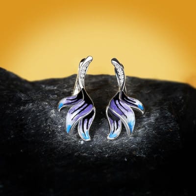 Boucles d'oreilles Longues Belle Forme de Fleur en Argent 925 Époxy Violet Émail Fait Main Boucle d'oreille Bijou pour Femme Romantique Pour Femmes