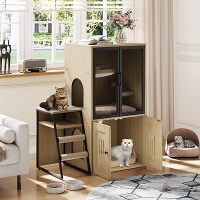 Houten kattenbakomheining – Alles-in-één kattenmeubel voor binnenshuis – Huis met meerdere verdiepingen en ladder – Verborgen kattenbak met magnetische deur – 104 × 86 × 46 cm – Houtkleur