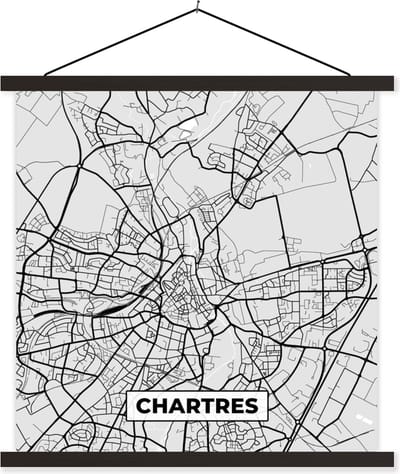 Posterhanger incl. Poster 60x60 cm - Schoolplaat - Chartres - Plattegrond - Frankrijk - Kaart - Stadskaart - Textielposter - Zwarte latten - Stadskaart