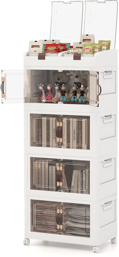 COSTWAY Stapelboxen, opbergdoos met deksel, wielen en deuren, opbergdozen stapelbaar, kunststof doos, opvouwbaar, kunststof opbergdozen (4 dozen, 54,5 x 34,5 x 132 cm)