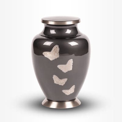Messing Urn Groot 3,7 liter Grijs Zilverkleurig Vlinders - Urn voor Menselijke As - Crematie Urn voor As Volwassenen