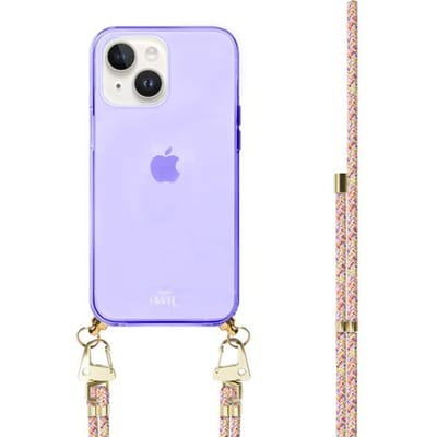 xoxo Wildhearts silicone case met koord - Paars telefoonhoesje met koord - telefoonketting - Rainbow Vibes - Cord Case - geschikt voor Apple iPhone 14 - Regenboog koord - meerkleurig