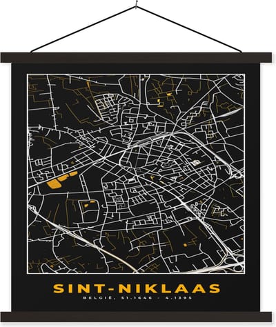 Posterhanger incl. Poster 60x60 cm - Schoolplaat - Stadskaart - Sint-Niklaas - Plattegrond - Goud - Kaart - Textielposter - Zwarte latten - Stadskaart