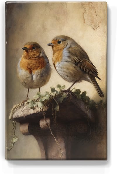 Roodborstjes op muursteun - Handgelakt - 19,5 x 30 cm - Niet van echt te onderscheiden schilderijtje op hout - Mooier dan een print op canvas - Laqueprint.