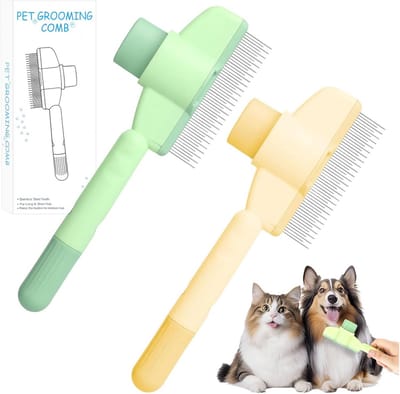 Haarverwijderingskam voor huisdieren, vlooienkam en verzorgingsborstel voor katten en honden, zelfreinigende borstelset van 2 stuks