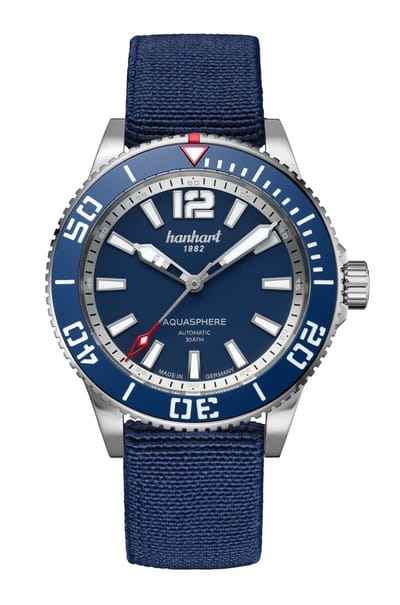 Hanhart AQUASPHERE FreeFall Blue - Horloge - Blauwe textielband - 42 mm