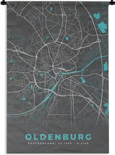 Wandkleed - Wanddoek - Oldenburg – Stadskaart – Blauw – Plattegrond – Stadskaart – Kaart - Duitsland - 120x180 cm - Wandtapijt