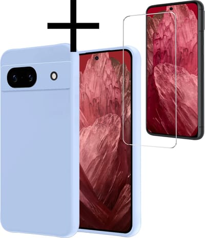 Hoesje - Met Screenprotector - Geschikt voor Google Pixel 8a - Sterk & Shockproof - Back Cover - Siliconen Case - Telefoon Hoes - Lichtblauw