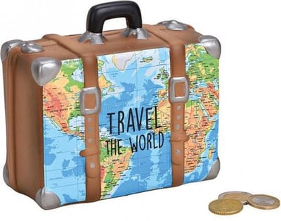Spaarpot koffer - Vakantie spaarpot met wereldkaart - Travel the world