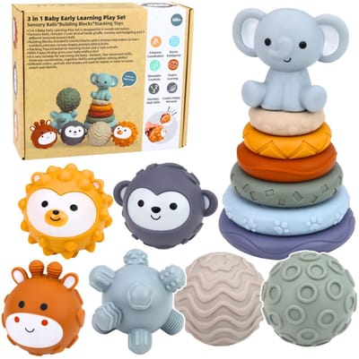 Playos® - Sensorische Speelset - Stapelringen - Olifant - Sensorische Ballen - Bouwblokken - Zintuigelijk Speelgoed - Motorisch - Baby - Stapelen