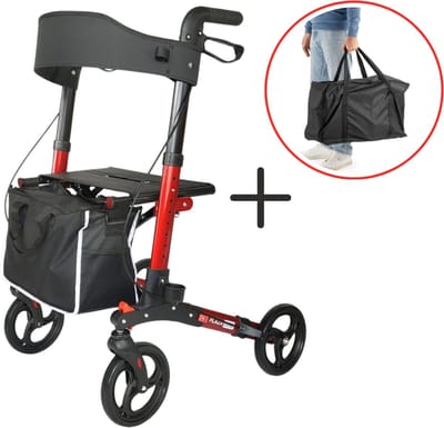 Rollator Plaza Lite - Lichtgewicht - Drie dubbel opvouwbaar - Anti-lek banden Soft Banden - Past in elke auto - Weegt 6,9 kg - Rood - Inclusief boodschappentas, stokhouder en rugsteun- Inclusief transporttas