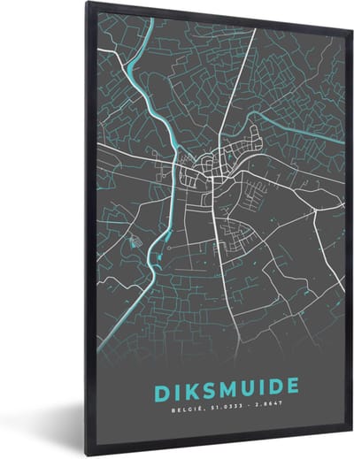 Fotolijst incl. Poster - Plattegrond – Diksmuide – Blauw – Stadskaart - Kaart - 40x60 cm - Posterlijst